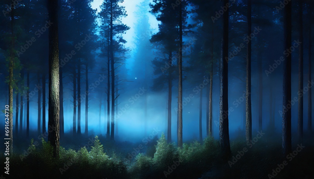 Naklejka premium Fairy tale foggy trail in misty winter dark forest