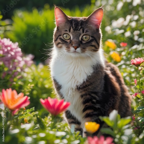Garden Oasis A cat exploring a lush garden filled with blooming flowers and greenery