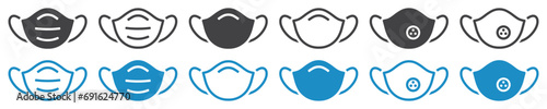 Set of face mask icons. Breathing respirator mask. Corona virus protection sign, health care. Surgical face mask. Protective masks against viruses, dust and respiratory diseases. Vector. EPS10.
