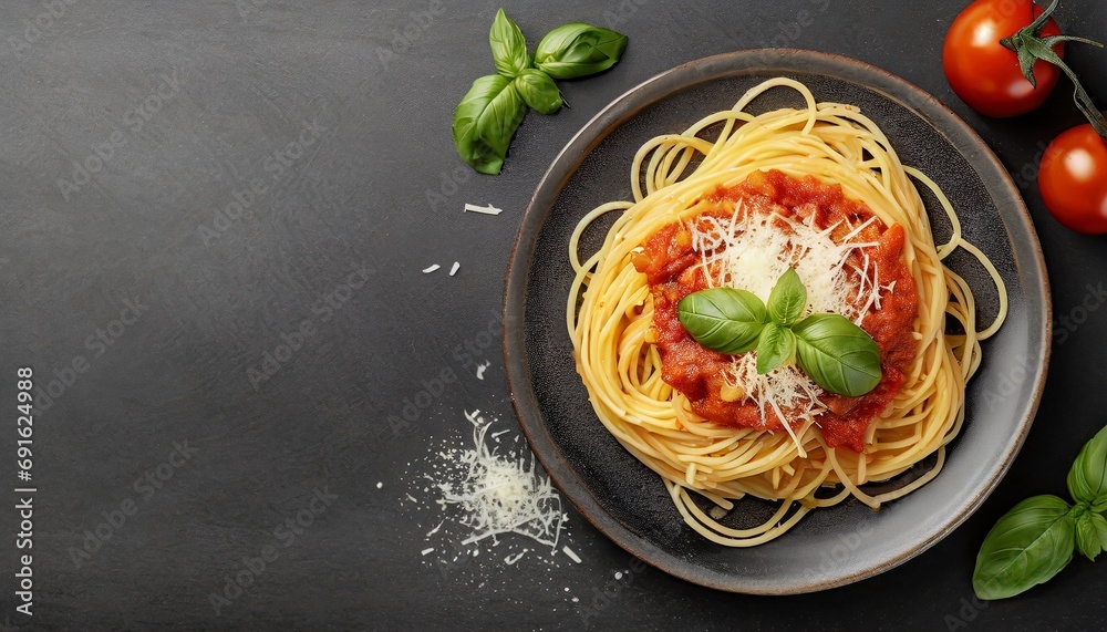 Fototapeta premium Dark plate with italian spaghetti on dark 