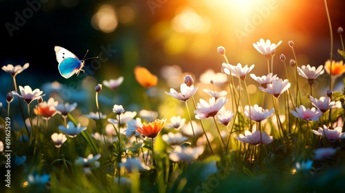 Chamomile flowers at sunrise. Summer, spring concept. 