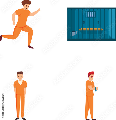 Male criminal icons set cartoon vector. Criminal character near prison cell. Crime, breaking law