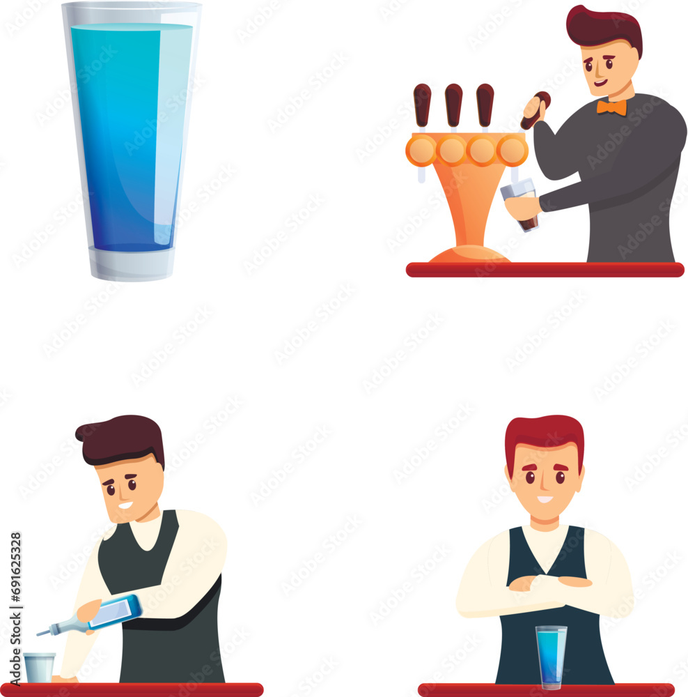 Bartender man icons set cartoon vector. Bartender prepares cocktail. Cartoon people character