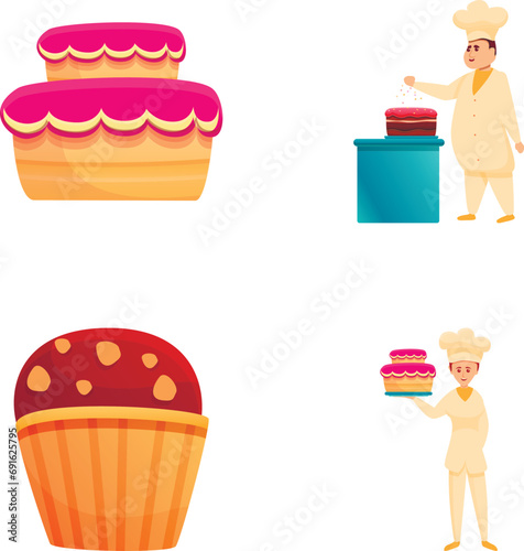Confectioner icons set cartoon vector. Pastry man in uniform making cake. Patisserie manufacture