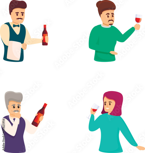 Wine tasting icons set cartoon vector. People holding bottle and wineglass. Wine service, professional expert