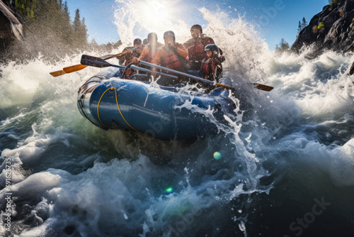 Rafting adventure, rushing river rapids, exhilarating splashes, determined paddlers, vibrant rafts.