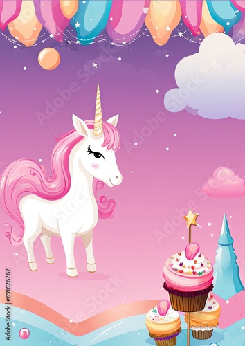 party invitation template unicorn, cakes, in pink colors