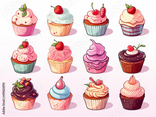 mini set di tortine e cupcakes in stile acquerello su sfondo bianco photo