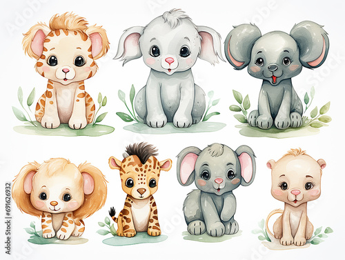 clipart di cuccioli in stile acquerello su sfondo bianco , cane  ,elefante, giraffa,  leoncino, visi simpatici, sfondo bianco scontornabile