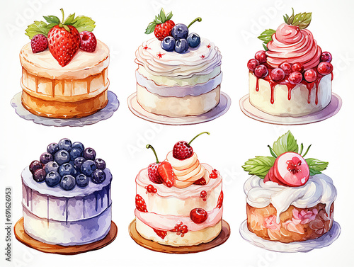 mini set di tortine e cupcakes in stile acquerello su sfondo bianco photo
