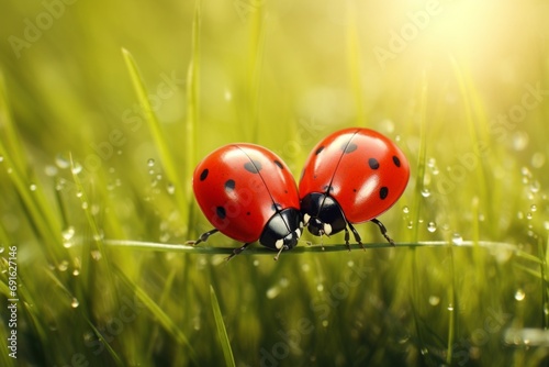 A pair of ladybugs forming a heart shape on a grassy field background. luck