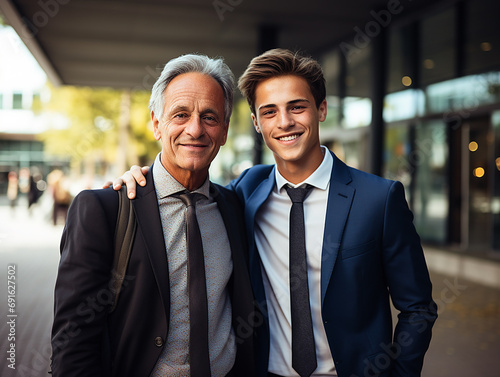 padre e figlio sorridenti o studente universitario e professore, concetto di sapere e mestiere  che si tramanda photo