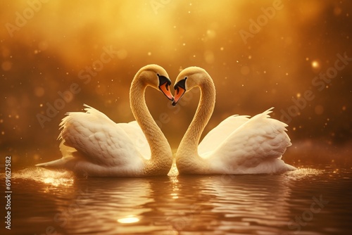A pair of swans forming a heart shape on a golden background. forever