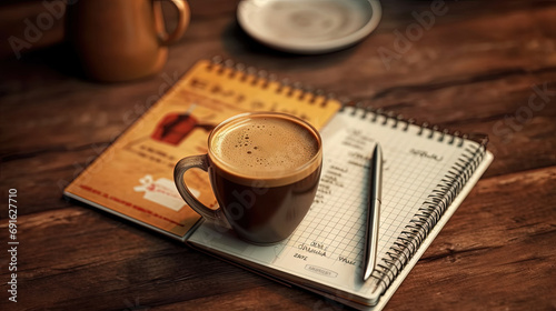 Cup of coffee and notepad with pen composition, top view