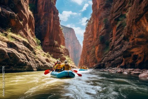 Rafting expedition, inflatable rafts gliding through a narrow canyon, towering rock walls on both sides, water cascading down rugged cliffs, skilled guides navigating the course. © Hunman