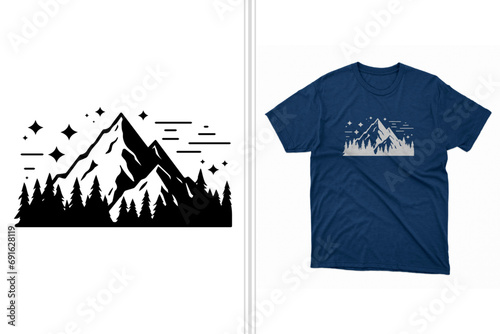 t-shirt artwork of mountain, trees, stars in a simple silhouette design, men's casual wear, black and white