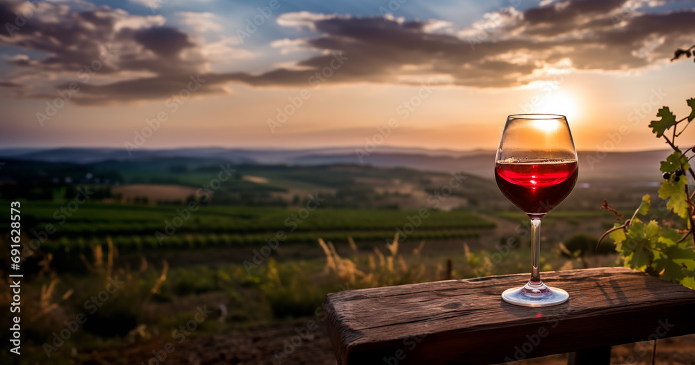 Two glasses of red wine and wooden plate with cheese and nuts during summer time sunset outside, banner size, room for copy