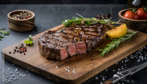 Medium Rare Ribeye steak on wooden board, selected focus 