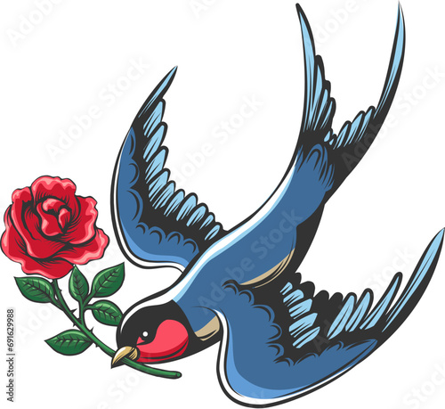 Swallow with rose tattoo