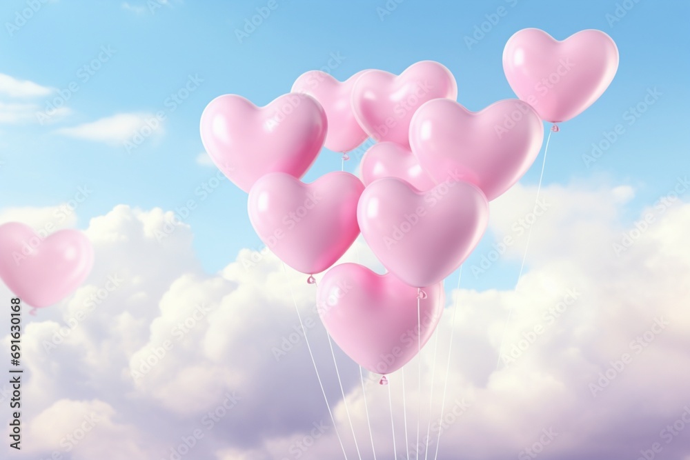 A soft pink heart-shaped balloons against a cotton candy clouds background. Solid Background