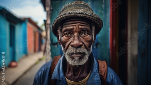 An elderly black man stands in a poor neighborhood with a backpack.  The hardships of life are visible on his face. © Artur Lipiński
