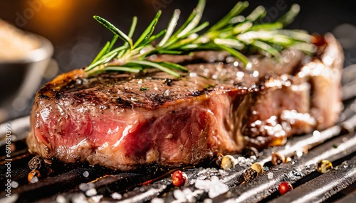 Entrecote Beef Steak On Grill With Rosemary Pepper And Salt photo