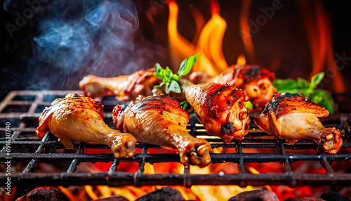 Chicken legs and wings on the grill with flames
