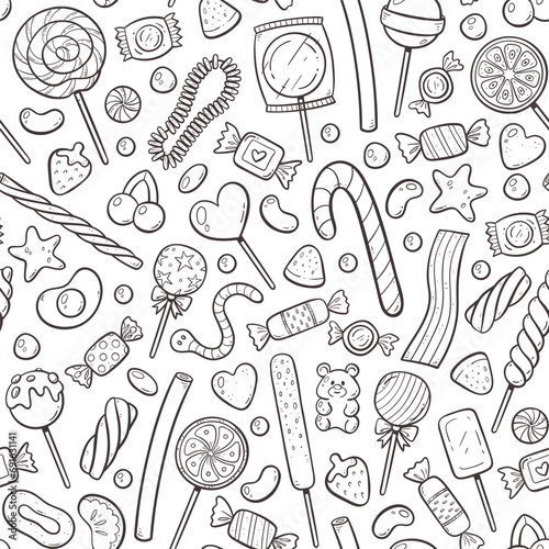 Sweets seamless pattern. Candies, lollipops and gummies isolated on white background. Doodle sweets elements. Hand-drawn vector Illustration.