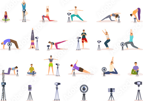 Yoga blogger icons set cartoon vector. Fitness trainer online. Training social stream