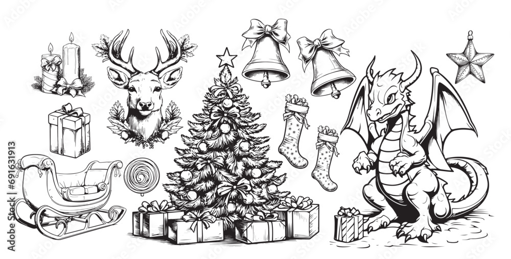 Christmas hand drawn decorations, vector elements. Traditional Christmas symbols. Vector illustration
