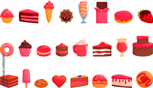 Confectionery valentine menu icons set cartoon vector. Sweet dessert. Cake cream muffin
