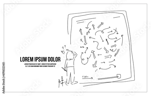 hand drawn vector illustration of a person confused _ paper work, unclear, direction, support, travel, wellness, support _ heartwarming editorial illustration 