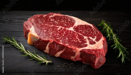 Fresh raw rib eye steaks isolated on black wooden background. Rustic style.