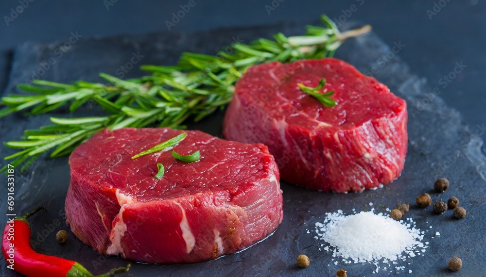 Raw beef fillet steaks mignon on dark background Raw beef fillet steaks mignon on dark background