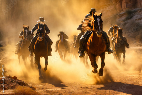 Wild West pursuit, galloping horses kicking up dust, outlaw escaping through a sunlit canyon, determined posse in pursuit, dramatic chase scene.
