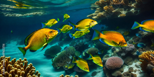 "Vibrant Aquatic Symphony: Marine Life with Colorful Fish" Generative AI