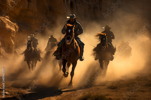 Wild West pursuit, galloping horses kicking up dust, outlaw escaping through a sunlit canyon, determined posse in pursuit, dramatic chase scene. photo