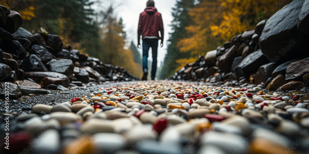 Symbolic journey of overcoming drug addiction with scattered pills on the ground and a person walking towards freedom in autumn - obrazy, fototapety, plakaty 