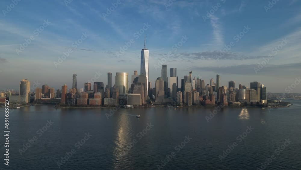 still shot of nyc skyline (downtown manhattan, new york city) view from jersey city waterfront (hudson river harbor) aerial drone 4k footage (still, water flowing, moving, pan) rising (skyscrapers) still shot of nyc skyline (downtown manhattan, new york city) view from jersey city waterfront (hudson river harbor) aerial drone 4k footage (still, water flowing, moving, pan) rising (skyscrapers)