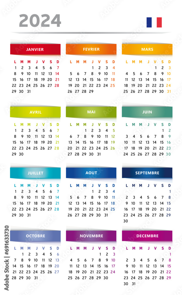 Calendrier 2024 en Français - Couleurs Arc-en-Ciel Format 4 Trimestres ...