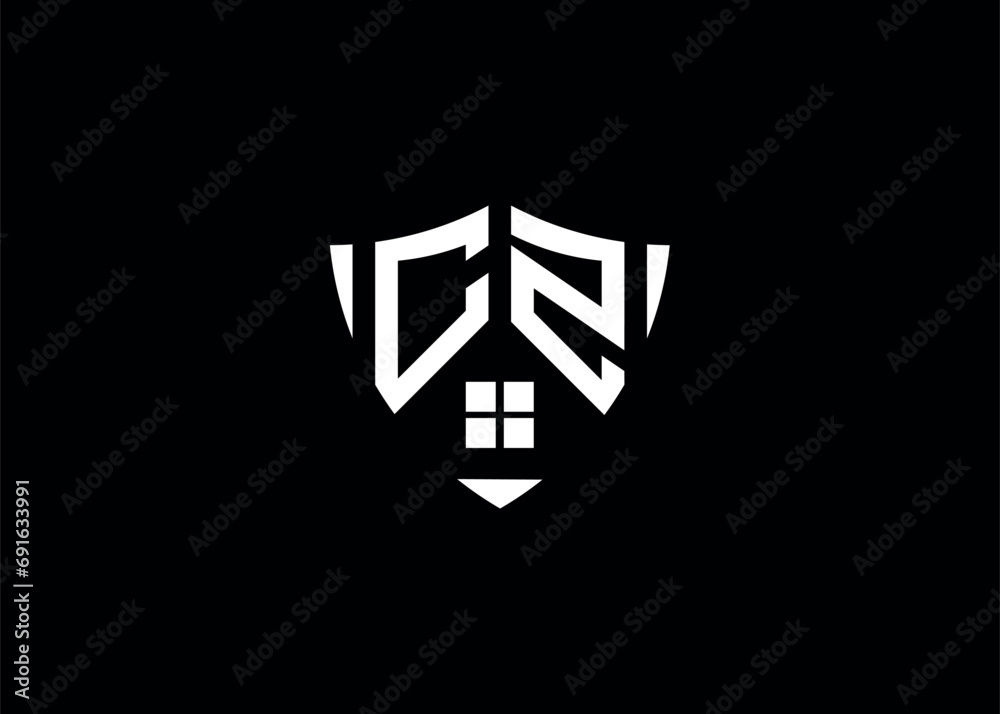 Real estate letter CZ shield shape logo and house building vector template Real estate letter CZ shield shape logo and house building vector template