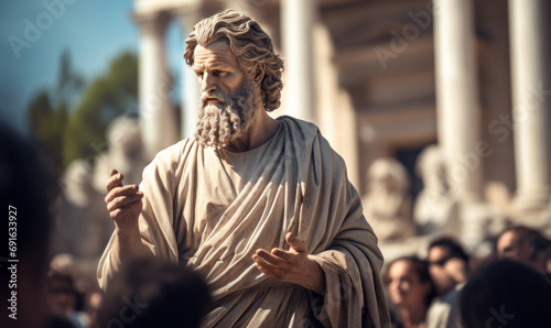 Ancient Philosopher Statue Delivering a Speech in Front of a Classical Greek Architecture with an Audience Listening Intently photo