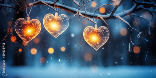 Illuminated Frosty Heart Decorations Hanging on Branches with Glowing Bokeh Lights in a Magical Winter Night Background