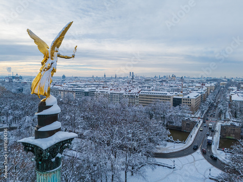Famous Friedensengel with snow in winter, Munich, Germany