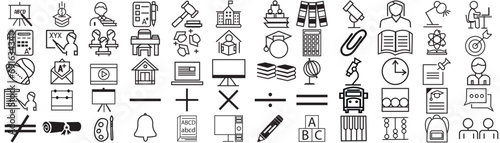 Set of 60 Education web icons in line style. Learning icons for web and mobile app. E-learning, video tutorial, knowledge, study, school, university, webinar, online education.