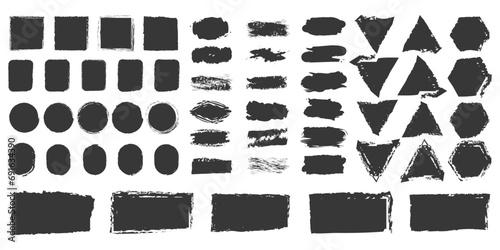 Set of grunge frames stamps, squares, ovals backgrounds brushstrokes, decorative brushes vector silhouettes, stickers frames.