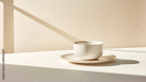  a white cup sitting on top of a saucer on top of a white table next to a shadow of a light coming from a window on the side of a wall.