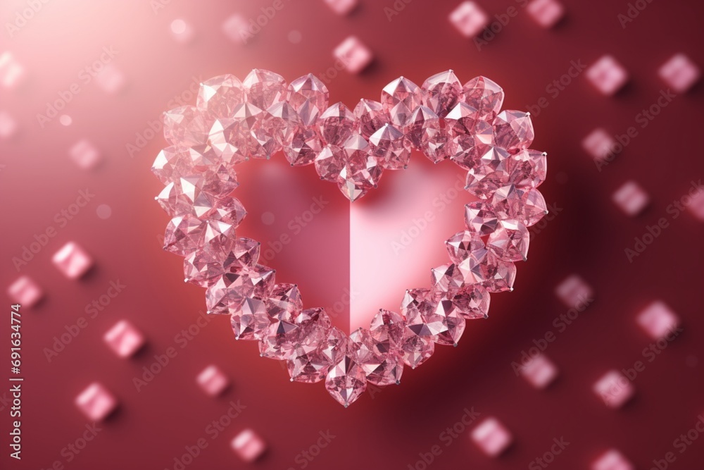 Sparkling diamonds arranged in the shape of a heart on a shimmering pink background. Background.