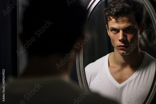 A young man looks at his reflection in the mirror, internal fears and anxiety concept, stress and depression