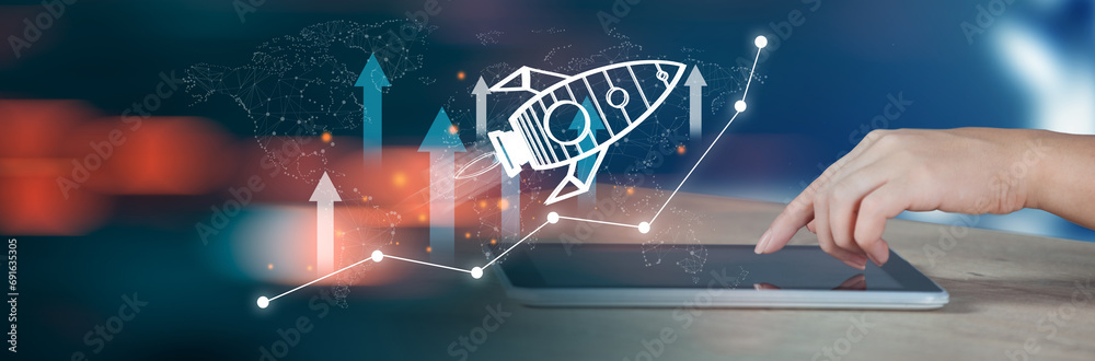 Naklejka premium virtual rocket launch investment growth, planning and starting